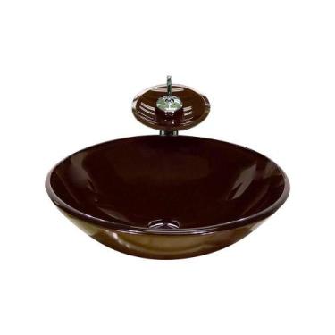 Imagem de Cuba Vidro Redonda 35Cm Marrom + Válvula + Torneira Cascata - Cubas E 