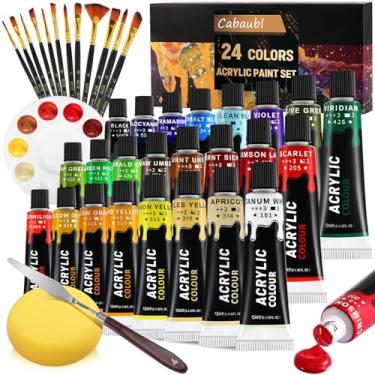 Imagem de Cabaubl Conjunto de tinta acrílica, 39 peças de materiais de pintura artística com 24 cores ricas em pigmentos, 12 pincéis, paleta, faca de arte de pintura e esponja, tintas de artesanato para