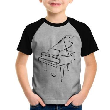 Imagem de Camiseta Raglan Infantil Piano - Foca na Moda, Cinza, Preto, 4