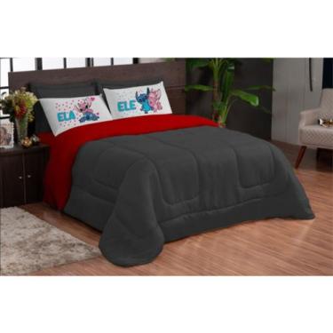 Imagem de Kit Edredom Casal Queen Ele Ela 5 pcs Stich Preto Vermelho - TheoVitex