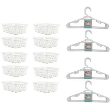 Imagem de Kit 20 cabide infantil 10 cesto multiuso branco guarda roupa - 123 Org