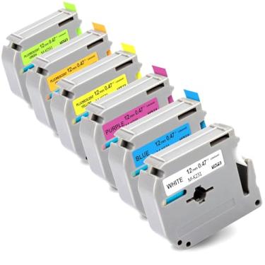 Imagem de Labelwell Pacote com 6 fitas fluorescentes coloridas de substituição para Brother M 12 mm 0,47 refis de fita para P Touch PT-45 PT-65 PT-70 PT-80 PT-M95, preto em branco/azul/roxo + amarelo