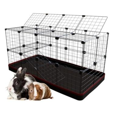Imagem de Cercado Porquinho da Índia Gaiola para Coelho 60x120x60cm com 2 Andares Rampa e Teto Bandeja Higiênica Tapete Fácil de Limpar (Tela Preta e Tapete Cinza)