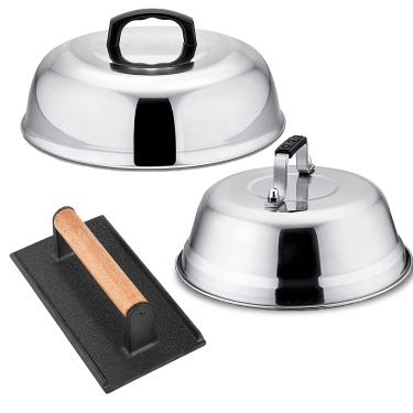 Imagem de LeonYo Kit de acessórios para grelha de churrasco, cúpulas de derretimento de queijo com prensa de grelha, capa de cozinha de aço inoxidável de 23 cm e 30 cm, resistente ferro fundido, hambúrguer, prensa de carne de bacon para churrasco, Teppanyaki