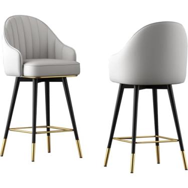 Imagem de Banquetas giratórias de 2 peças com suporte para as costas, banquetas de couro PU para balcão de cozinha para pub bistrô, altura sentada 65 cm/75 cm (cinza alto: 75 cm), cinza, alto: 75 cm