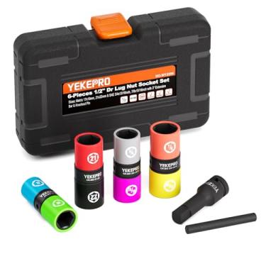 Imagem de YEKEPRO Conjunto de soquete de porca, 8 tamanho 1/2 polegada roda de acionamento conjunto de soquete sextavado flip de impacto de roda de acionamento, conjunto de soquete de porca de parede fina e não embaçada, ferramenta de remoção de porca de pino para carro, aço Cr-Mo, W12206