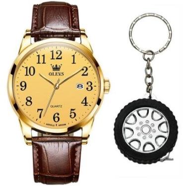 Imagem de Kit Relógio Masculino Olevs Pulseira Couro + Chaveiro Roda-Masculino