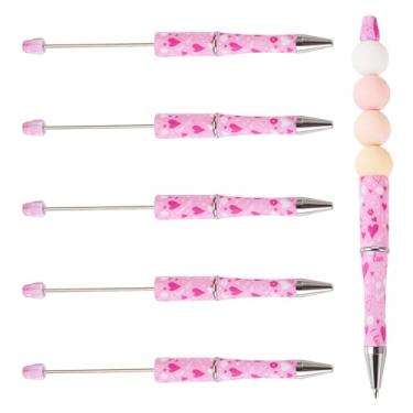 Imagem de KISSITTY Canetas com contas, 5 peças, tema do Dia dos Namorados, canetas esferográficas coloridas para fazer canetas, estudantes, professores, casamento, formatura, festa, presente, material de