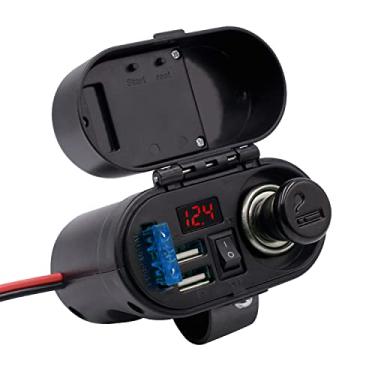 Imagem de BlueFire Carregador duplo USB 5V/3A, à prova d'água, guidão e braçadeira de espelho retrovisor, carregador adaptador de energia com soquete de isqueiro, relógio e voltímetro para telefones/tablets/GPS