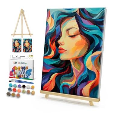 Imagem de HeeBenor Kit de pintura emoldurada por números para adultos, kit de pintura feminina por números para adultos com cavalete, pintura abstrata feminina DIY por número com moldura, kits de pintura por