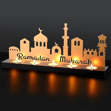Imagem de MorningRo Ramadan Mubarak Decorações Castiçal islâmico com 5 velas de chá placa de metal Eid Mubarak com base de madeira Ramadã Mubarak mesa centros de mesa Eid Al Fitr presentes de festa muçulmana