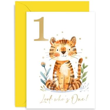 Imagem de Old English Co. Cartão de primeiro aniversário para menino ou menina - Presente de aniversário unissex de 1 ano de idade para ele ela - Design de folha dourada de tigre de 1º aniversário - para filho,