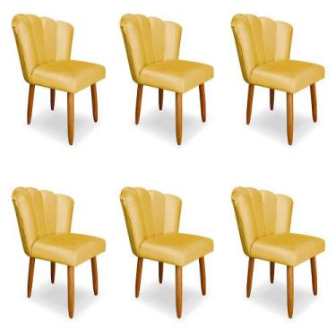Imagem de Kit 6 Cadeiras de Jantar Pétala Estofada Pés Palito Veludo Amarelo - M