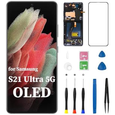 Imagem de Substituição de tela OLED para Samsung Galaxy S21 Ultra 5G com botão lateral da moldura SM-G998B SM-G998U OLED Display Touch Digitalizador conjunto completo com kit de ferramentas de reparo de 6,8