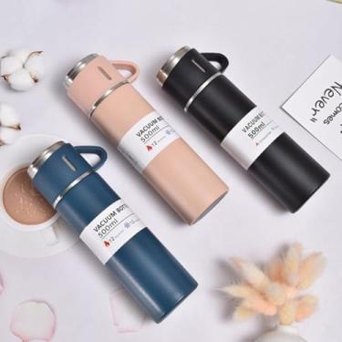 Imagem de Conjunto de Garrafa Térmica 500ml com 3 Xícaras de Aço Inox - Preta, Ideal para Café, Água Quente ou Gelada, com Isolamento a Vácuo Vibe.