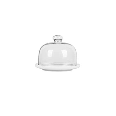 Imagem de Bandeja de frutas de bar, prato de sushi de sobremesa de cerâmica servidor de cúpula de vidro donut à prova de poeira três cores 6/8/10 polegadas suportes de bolo (cor: azul, tamanho: 20,5 * 20,5 * 17