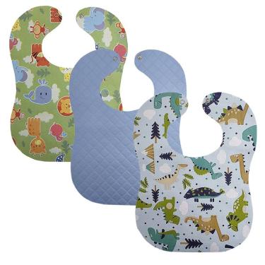 Imagem de Babador Impermeavel Bebe Kit 3 25x34cm Estampas Divertidas Botão Pressão Menino Menina