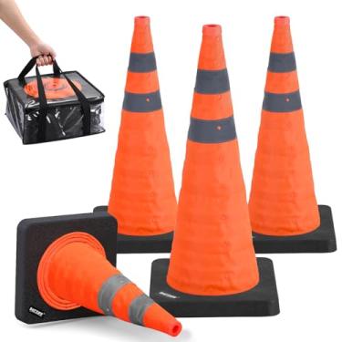 Imagem de BATTIFE [Pacote com 4] Cones de segurança de trânsito dobráveis de 71 cm laranja com base pesada preta, cones pop-up multiuso e coleira refletiva, para estacionamento na estrada, prática de condução.