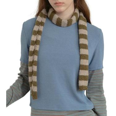 Imagem de Cachecol listrado fofo para mulheres, lenço skinny, lenço de pescoço Y2k, cachecóis modernos de malha, acessório de cachecol feminino outono inverno, Verde militar, Medium
