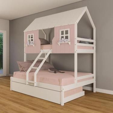 Imagem de Treliche Casal/ Solteiro Casinha Encantada Madeira Maciça Rosa/ Branco