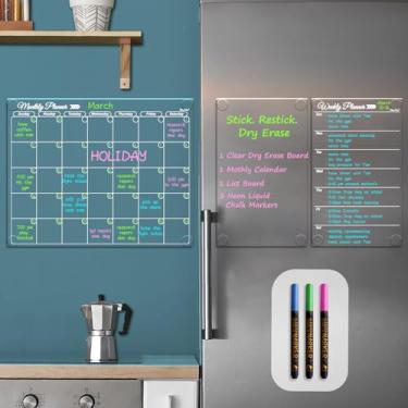 Imagem de Conjunto de calendário transparente não magnético para geladeira - apagável a seco mensalmente, calendário semanal e quadro em branco - cola na parede, vidro, porta, qualquer superfície lisa