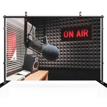 Imagem de CHNYWORK Microfone profissional de 2,4 m x 1,8 m, estação de rádio no ar, sinal de TV, programa de TV, jornalista, fundo de estúdio, entrevista, palco, gravação de vídeo, decoração, adereços para