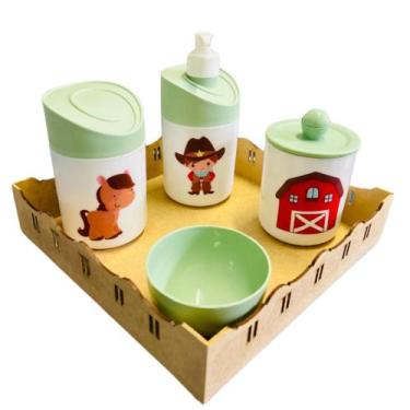 Imagem de Kit Higiene Baby Cowboy Menino c/bandeja em MDF - Dóia Kids, Quadrada 