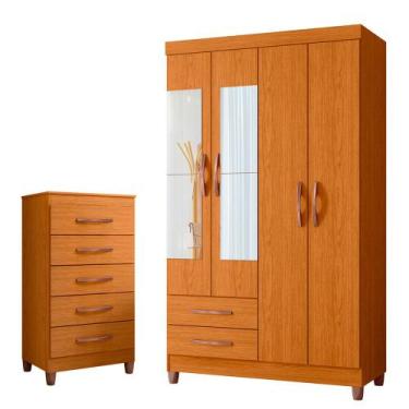 Imagem de Quarto Solteiro Completo Guarda Roupa Âmbar 4 portas com Espelho Cômod