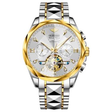 Imagem de OUPINKE Relógio masculino esqueleto automático mecânico luxuoso relógio de pulso preto à prova d'água luminoso cristal de safira de tungstênio, 3316: mostrador branco com pulseira branca, 3316