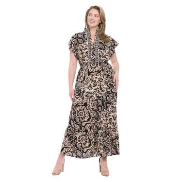 Imagem de London Times Vestido maxi feminino com gola mandarim e manga esvoaçante com saia em camadas e carcela frontal, Osso/preto, 25 Plus Size