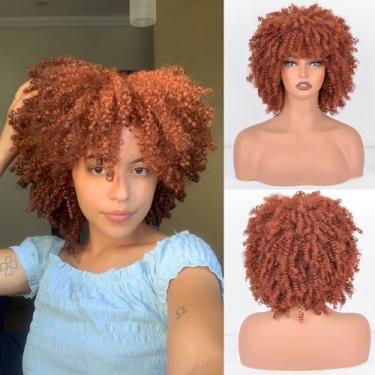 Imagem de Vitorish Peruca Afro Cacheada Com Franja De 10 Polegadas, Cabelo Sintético, Perucas Crespas Para Mulheres, Cerca 230 G/Peça, Resistente Ao Calor, Laranja, Curta, Uso Diário (Laranja)