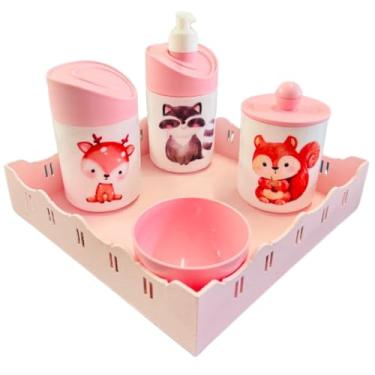 Imagem de Kit Higiene Bebê Floresta Encantada c/bandeja MDF - Menino e Menina (Quadrada Rosa/Rosa)