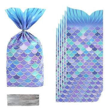 Imagem de Sacos de guloseimas de sereia, 100 peças, cauda de sereia, festa, celofane, plástico, presente, biscoitos, doces com laços torcidos transparentes para casamento, aniversário, artigos de festa no fundo