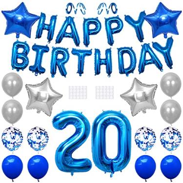 Imagem de Xihuimay Decoração De 20º Aniversário, Balão Banner Feliz, Suprimentos Para Festa 20 Anos, Balões Hélio, 32" Número, Confete, Estrela Látex, Coração, Metalizado, Azul E Prateado