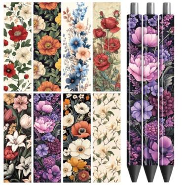 Imagem de Peacoblue Adesivo de transferência UV DTF para caneta, decalque retrô, flores - 48 peças à prova d'água impressão HD UV DTF caneta adesivos decalques para caneta lápis personalizada DIY artesanato