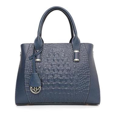 Imagem de Bolsa de couro genuíno com estampa de crocodilo alça de ombro removível bolsa de ombro transversal bolsa feminina de grande capacidade, Azul, Medium