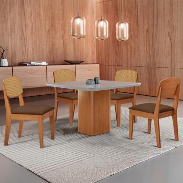 Imagem de Mesa de Jantar Eloise 90cm Tampo MDF Vidro com 4 Cadeiras Copper Premium Moderna Mobília - Veludo Marrom/Nat/Off/Serig. Off