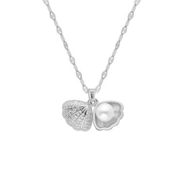 Imagem de Colar feminino com pingente de concha marinha de zircônia cúbica delicada de aço inoxidável banhado a ouro 14 K, elegante, tema marinho, pingente de cristal, corrente de elos ajustáveis, joia de praia