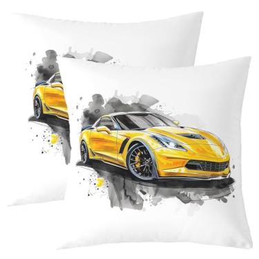 Imagem de jejeloiu Capa de almofada amarela para carro esportivo velocidade 50 x 50 cm conjunto de 2 capas de almofada para meninos e meninas crianças esportes radicais decoração de quarto