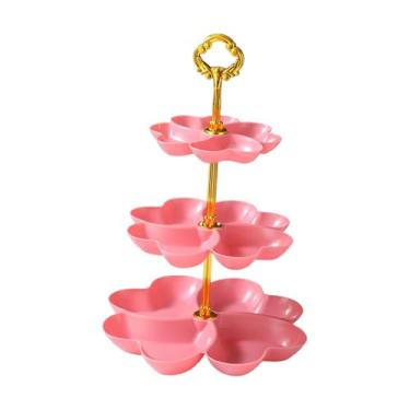 Imagem de IEUDNS Bandeja de frutas, suporte para bolo, três camadas, grande capacidade, pratos de servir, bandejas, travessas, enfeites, bandeja para lanches, para, Rosa