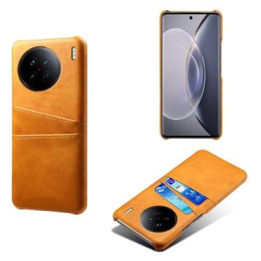 Imagem de Capas Compatível com VIVO X90s,Caso de couro PU-Tampa de telefone a prova de choque com 2 slots de cartão,Proteção anti-impressão digital e anti-gota-Yellow