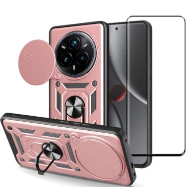 Imagem de CNPUTAO Capa para Realme 14 Pro 5G com protetor de tela de vidro temperado, janela deslizante para câmera, suporte, capa de telefone de camada dupla antiarranhões à prova de choque, ouro rosa