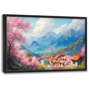 Imagem de Arte de parede grande Country Village, imagens de flor de cerejeira, decoração de parede, tela de campo, pintura de paisagem, arte moderna, decoração de casa, sala de estar, banheiro, quarto
