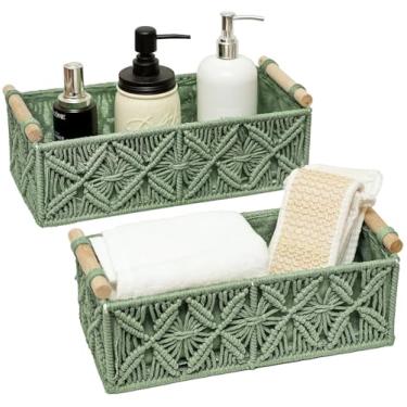 Imagem de HOSROOME Cestas decorativas de macramê Boho para organizar cesta decorativa de tecido para bancada, cesta de papel higiênico para regata para decoração de casa, quarto, berçário, sala de estar,