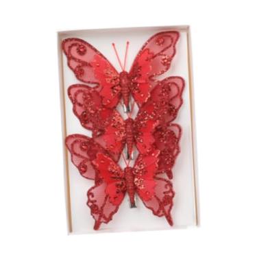 Imagem de Fancyes 3x Ornamentos de Borboletas para Árvore de Natal com Clip para Festas E Aniversários, vermelho