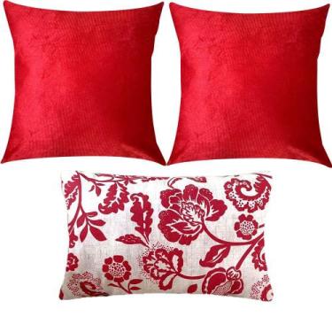 Imagem de Kit 3 Almofadas Composê Liso e Floral Vermelho Sued Premium - Sua Casa