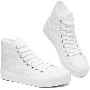 Imagem de BENPAO Tênis feminino de lona de cano alto, bordado floral, tênis moderno - branco respirável casual para caminhada, Branco, 36