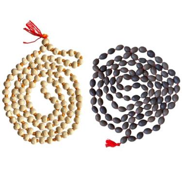 Imagem de NAISHA Pacote com 2 miçangas de oração Tulsi & Kamal Gatta Holy Jaap com nó à mão autênticas sementes de lótus para contas de meditação Puja