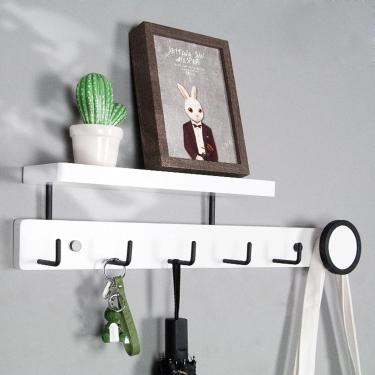 Imagem de Cabide Montado Na Parede Com Prateleira De Armazenamento Cabide De Madeira Ganchos Para Corredor Banheiro Sala De Estar Quarto, White, 59 * 6cm