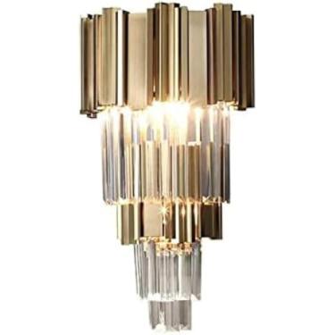 Imagem de Mid-century 2 Luzes Cristal Arandela De Parede Cone Metal Dourado Lâmpada De Parede Moderna De Luxo Titânio Gloden Luz De Parede Fxture Para Quarto Corredor Banheiro, Golden a, 27x52cm(11x20inch)